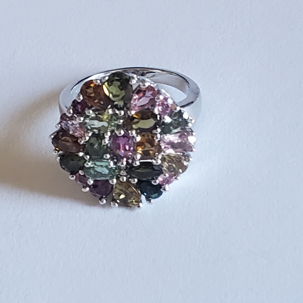 Stunning Sterling Multicolor Tourmaline Ring, Sz 8
